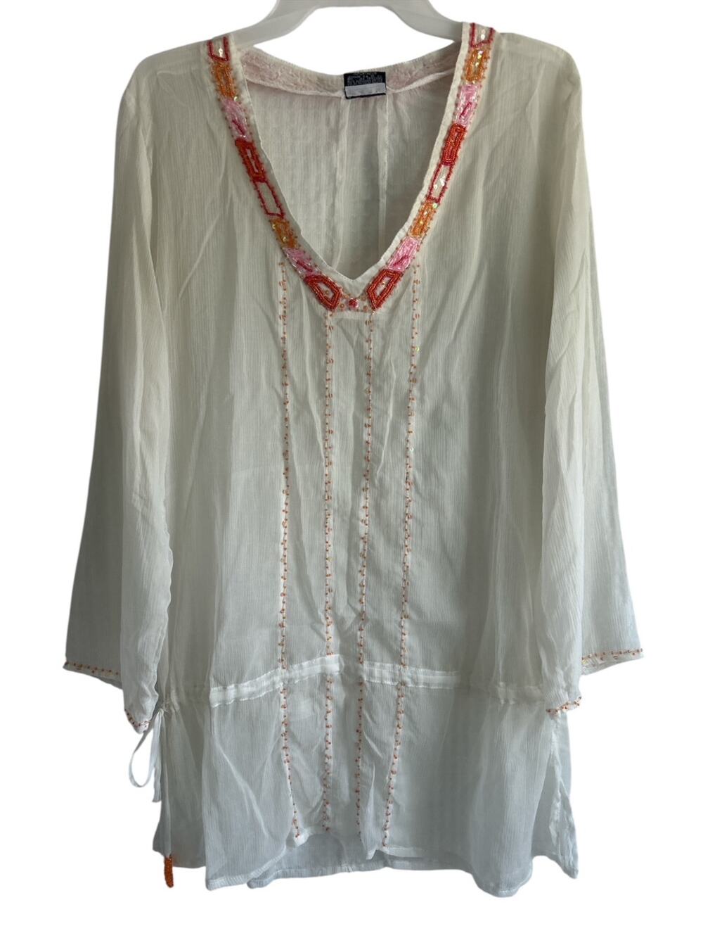 Zingara Size Large Silk Blend Sheer Beaded Off White Tunic Cover Up